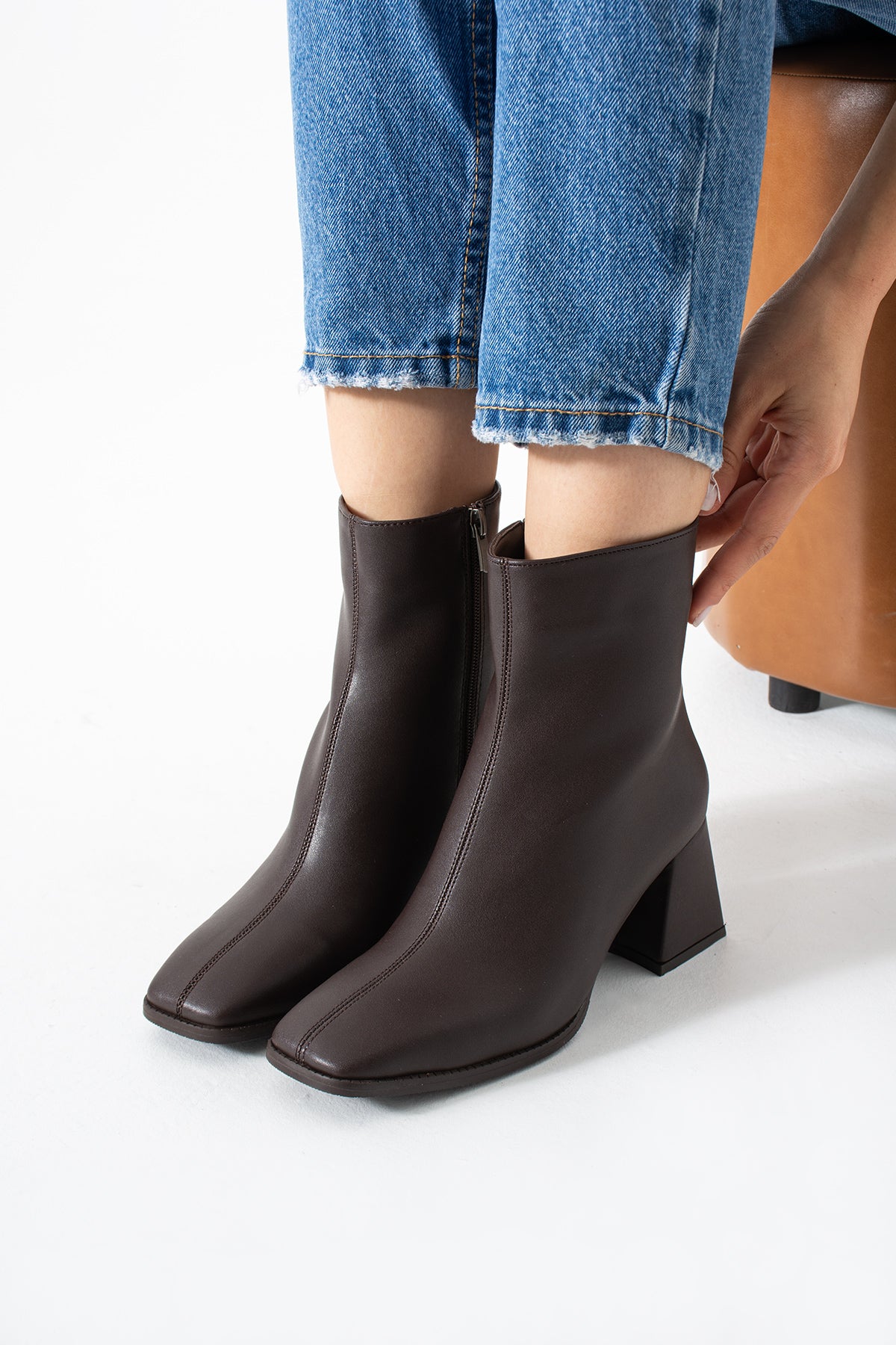 Women's Square Toe Heeled Boots - Faux Leather Thick Heeled Bootie with Zipper