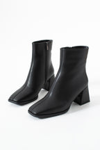 Kadın Kare Burun Topuklu Bot - Fermuarlı Suni Deri Kalın Topuklu Bootie