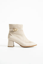 Süet Topuklu Bot 5cm - Kare Burun Tokalı Fermuarlı Kontrast Detaylı Bootie