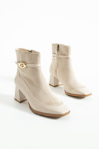 Süet Topuklu Bot 5cm - Kare Burun Tokalı Fermuarlı Kontrast Detaylı Bootie