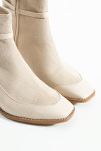 Süet Topuklu Bot 5cm - Kare Burun Tokalı Fermuarlı Kontrast Detaylı Bootie