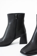 Kadın Kare Burun Topuklu Bot - Fermuarlı Suni Deri Kalın Topuklu Bootie