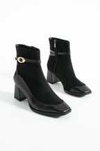 Süet Topuklu Bot 5cm - Kare Burun Tokalı Fermuarlı Kontrast Detaylı Bootie