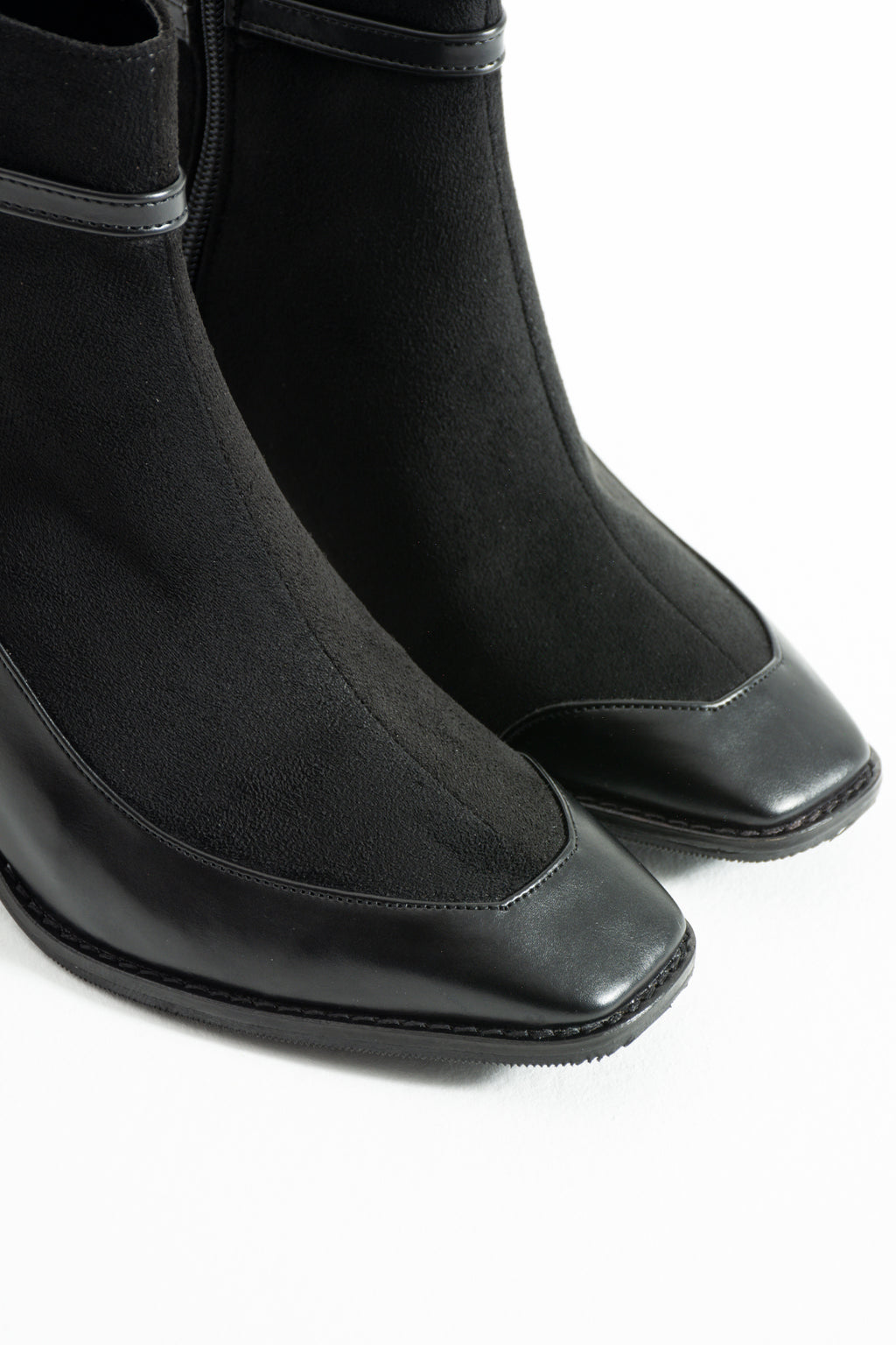 Kadın Süet Topuklu Bot 5cm - Kare Burun Tokalı Fermuarlı Kontrast Detaylı Bootie