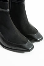 Süet Topuklu Bot 5cm - Kare Burun Tokalı Fermuarlı Kontrast Detaylı Bootie