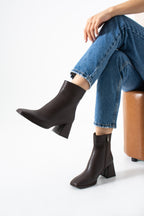 Kadın Kare Burun Topuklu Bot - Fermuarlı Suni Deri Kalın Topuklu Bootie