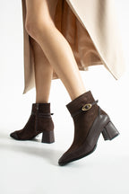 Süet Topuklu Bot 5cm - Kare Burun Tokalı Fermuarlı Kontrast Detaylı Bootie