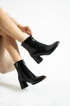 Kadın Rugan Topuklu Bot 6cm - Sivri Burun Kalın Topuklu Fermuarlı Bootie