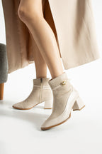 Süet Topuklu Bot 5cm - Kare Burun Tokalı Fermuarlı Kontrast Detaylı Bootie