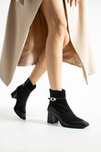 Süet Topuklu Bot 5cm - Kare Burun Tokalı Fermuarlı Kontrast Detaylı Bootie