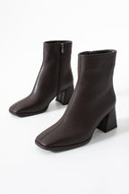 Kadın Kare Burun Topuklu Bot - Fermuarlı Suni Deri Kalın Topuklu Bootie