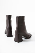 Kadın Kare Burun Topuklu Bot - Fermuarlı Suni Deri Kalın Topuklu Bootie