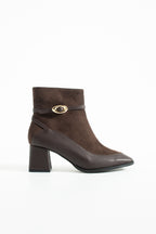 Süet Topuklu Bot 5cm - Kare Burun Tokalı Fermuarlı Kontrast Detaylı Bootie