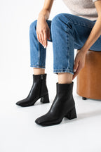 Kadın Kare Burun Topuklu Bot - Fermuarlı Suni Deri Kalın Topuklu Bootie