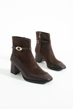 Süet Topuklu Bot 5cm - Kare Burun Tokalı Fermuarlı Kontrast Detaylı Bootie