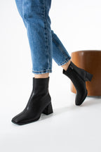 Kadın Kare Burun Topuklu Bot - Fermuarlı Suni Deri Kalın Topuklu Bootie