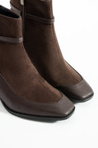 Süet Topuklu Bot 5cm - Kare Burun Tokalı Fermuarlı Kontrast Detaylı Bootie